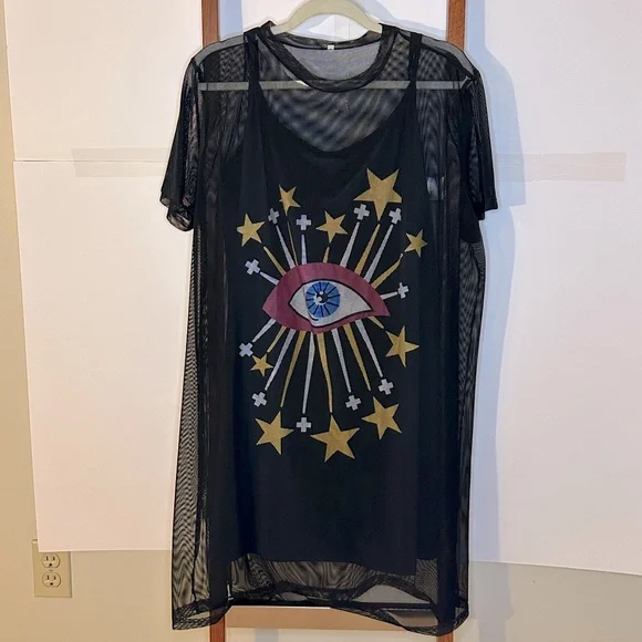 Two-Piece Shift Dress with Eye Design and Outside Mesh - Picture 1 of 2